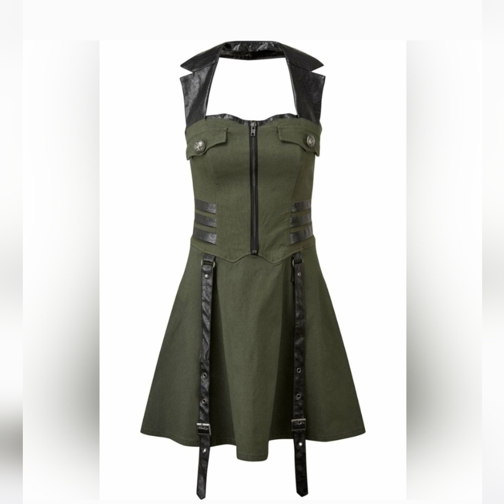 XL Killstar Psy-Op Military Green Halter Skater Buckle Dress Pinup Goth Punk